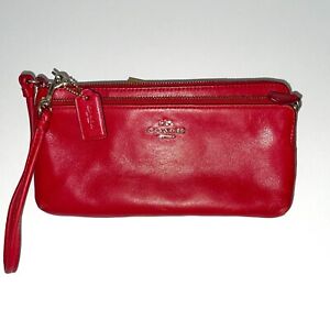 Coach Checkbook-Sized Double-Zippered Red Leather Wallet-Pre-owned/Used