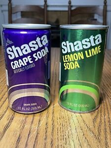 2 1979 SHASTA Steel Flat Top Soda Pull Tab Cans Lemon Lime Grape Mint Graphic
