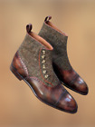 Mens Bespoke Two tone Button boots, Men brown leather dress boots