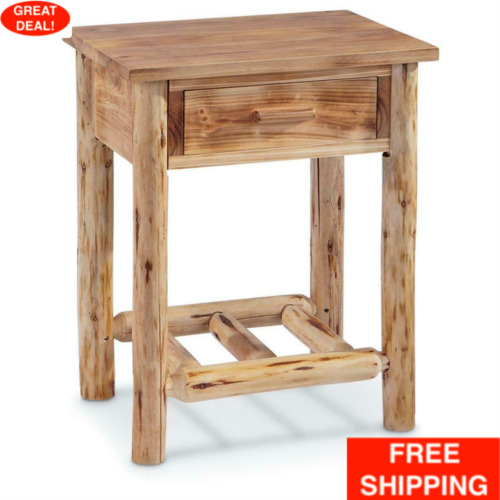 Wood Farmhouse End Table Rustic Cabin Side Drawer Log Nightstand Bedside