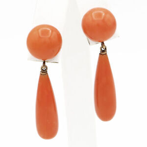 Vintage 14K Yellow Gold Red Coral Dangle Earrings