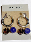 14K SOLID WHITE GOLD HOOP EARRINGS NATURAL TANZANITE & SMOKY QTZ CHARMS