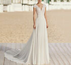 Boho V Neck Chiffon Wedding Dresses Illusion Back Lace Short Sleeves Bridal Gown