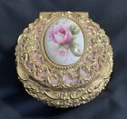 Gold  Pink Rose Floral Round Metal Music Jewelry Box Vintage Windup Play