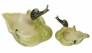 Duck Swan Planter Dish Chartreuse Green Hull USA Mother Baby Vintage Set of 2