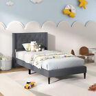 Twin Size Upholstered Platform Bed with Button Tufted Wingback Headboard Grey