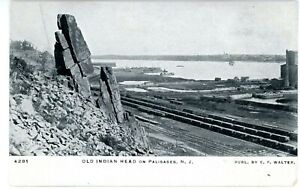 Weehawken NJ -RAILROAD YARD-HUDSON RIVER-OLD INDIAN HEAD IN PALISADES-Postcard