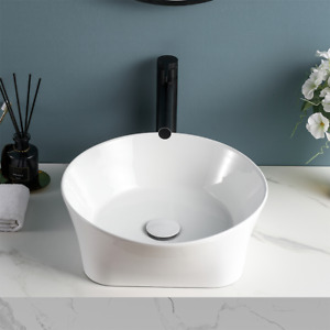White Vessel Sink Ceramic Bathroom Sink Round Basin Bowl Countertop+Pop up drain