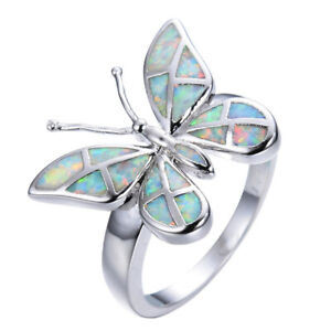 925 Silver White Fire Opal Butterfly Ring Wedding Women Jewelry Rings SZ5-11