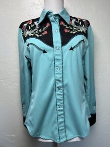 Scully Western Shirt Pearl Snap Embroidered Horseshoe Rose Sz S Turquoise Cowboy
