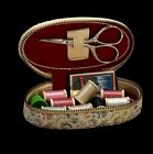 vintage travel sewing kit Fabric Zippered Case Wooden Spools Scissors USA