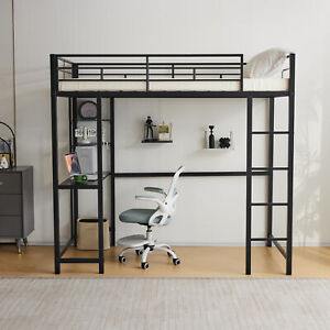 Twin Loft Bed Frame with Desk and Storage Shelves and Ladder and Guard Rail
