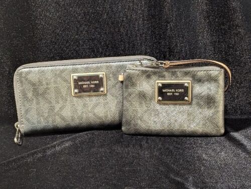 Michael Kors Silver Monogram Coated Canvas Zip Around Wallet And Coin Purse