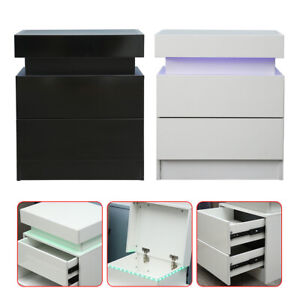 Modern LED Nightstand with 2 Drawers High Gloss Bedside Table End Table Bedroom