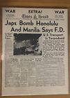 VINTAGE NEWSPAPER HEADLINE ~WORLD WAR 2 JAPAN  BOMB PEARL HARBOR HONOLULU 1941
