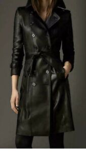 Women Classic Black Genuine Real Leather Trench Coat