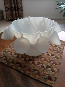 Hazel Atlas Capri Swirl Punch Bowl Set w/Stand & 8 Cups White Milk Glass Vintage