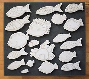 Bisque Fired Handmade Pottery Stamps: 25 (18 Fish/6 double-sided, 1 crab) motifs