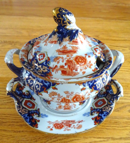 Antique Imari Ironstone Small Tureen with Underplate - Royal Crest Mark - 19th c