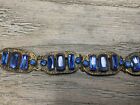 Vtg Czech Sapphire Blue Emerald Cut Rhinestones Bezel Set In Brass Bracelet WOW!