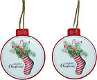 Round Tin Merry Christmas Ornaments with a Stocking, Holiday Decor, Set of 2