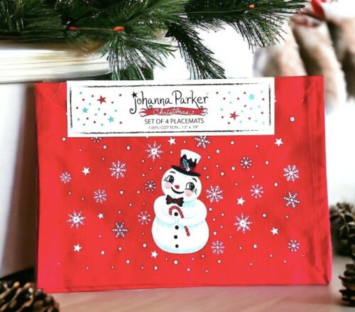 4 Johanna Parker Christmas Retro Snowman Placemats Holiday Red Cotton 13x19 Set