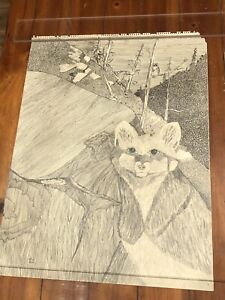 Original Sketch ART Pencil DRAWING Fox Owl Mouse Artist Signed 75'
