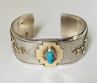Old Pawn Navajo Signed Thomas turquoise sterling silver Tufa Cast cuff bracelet