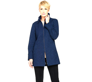 Susan Graver Dark Blue Bonded Lace Zip Front Trench Coat Style Jacket Size Large