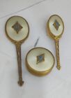 Antique Art Nouveau guilloche Gilt Vanity Mirror trinket box Brush dresser set