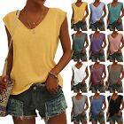 Women's V-Neck T-Shirt Casual Cap Sleeve Vest Solid Loose Blouse Fit Tank Tops1