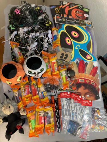 Junk drawer lot of  Vintage Halloween Decorations Toys Mask Skeleton Cat Spider