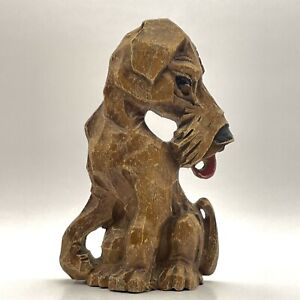 Vintage Carved Wood Dog Figurine Sculpture Heavy 6” Schnauzer Mid Century MCM