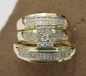 His Her Wedding Trio Ring Set  4.20Ct Simulated Diamond 14k Yellow Gold Plated