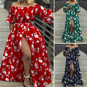 Womens Sexy Floral Off Shoulder Sundress Holiday Beach Party Split Maxi Dress