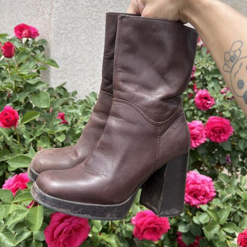 Y2K VTG Candies Platform Boots Women's 7M Brown Leather Block Heel Chunky BOHO