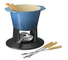 NWOB Le Creuset Blue 1.75qt Fondue Pot with Cast Iron Stand 6 Fondue Forks