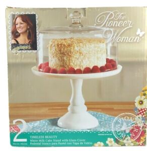 Pioneer Woman Timeless Beauty 10 Inch White Milk Cake Stand with Glass Cover