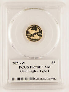 2021 W $5 1/10 Oz GOLD AMERICAN EAGLE PROOF COIN Type 1 PCGS PR70 PF70 Deep Cam