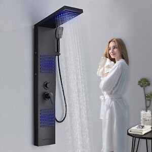Black Shower Panel Tower System LED Rain Massage Shower Column Stainless steel