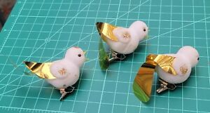 3 Vtg White Bird Clip-On w Gold Aluminum Wings Christmas Tree Ornaments Glitter