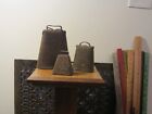 lot of 3 PRIMITIVE antique COW / FARM ANIMAL BELLS, rusty iron ...sounds great