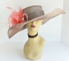 M58(Taupe/Coral)Kentucky Derby Church Wedding Royal Ascot Wide Brim Sinamay Hat