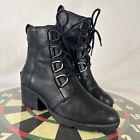 Sorel Cate Ankle Boots Black Leather Lace Up Lug Block Heel Booties Women’s Sz 8