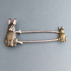 Vintage Rabbits Brooch Pink Enamel Antique Brass Tone Bar Safety Pin 2.25”