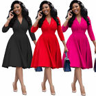 Solid Color V Neck Long Sleeve OL Style Elegant Casual Club Party Dress Women