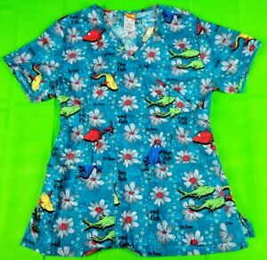 Dr. Seuss One Fish Two Fish Red Fish Blue Fish print women's scrub top size s