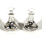 STERLING SILVER OVERLAY PERFUME SCENT 2 BOTTLES w/ CLEAR GLASS STOPPERS ANTIQUE