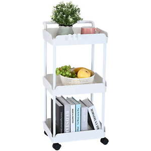 New Listing3-Tier Kitchen Rolling Cart Basket Utility Cart on Wheel with Handle White