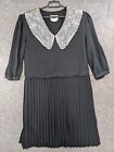 Vtg La Jones Lady Dress Woman 24 W Black White Lace Collar Pleated Blousan Sheer